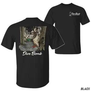 Dive Bomb Duck Hunting T-Shirt – Features Dive Bomb Logo With Duck Flock Flying Through Forest Swamp Hunting Scene Graphic , Unisex Outdoor Waterfowl Tee , Country Hunting Style , Duck Hunter Apparel , Gift For Hunters , Menswear Top