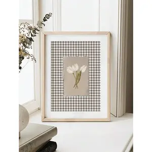 1pc Frameless White Tulip Wall Art Print Brown Checkered Cottagecore Floral Poster, Minimalist Farmhouse Flower Canvas For Living Room/Bedroom/Dorm, Spring Botanical Aesthetic Room Decor & Perfect Gift (Prints For Wall, Funky Posters, Back To School)