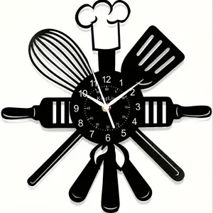 Vintage Kitchen Utensils Vinyl Record Decorative Hanging Wall Clock, Art Deco Design with Chef Hat & Cutlery, Unique Gift for Home Décor, Home Decor