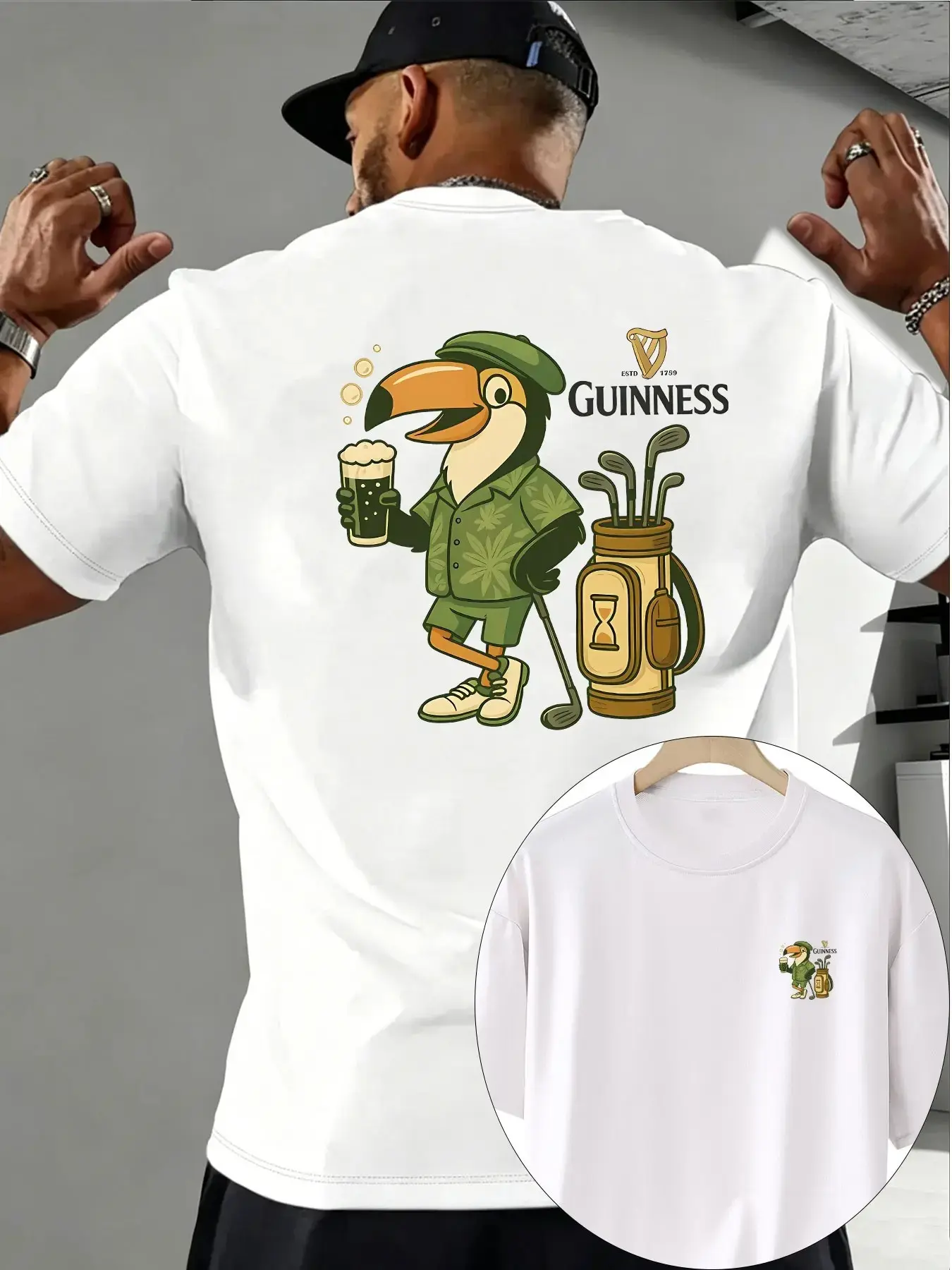 Men's Casual Classic Streetwear Long Fitted Round Neck T-Shirt, Guinness Cartoon Woodpecker Print, Knit Fabric, Comfortable for Leisure and Home Wear