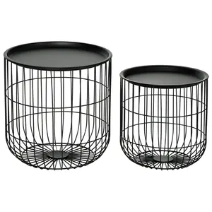 Black Nesting Coffee Tables Set - Steel Wired Basket Body, Removable Top - Indoor-Outdoor Living Room Side Table Furniture