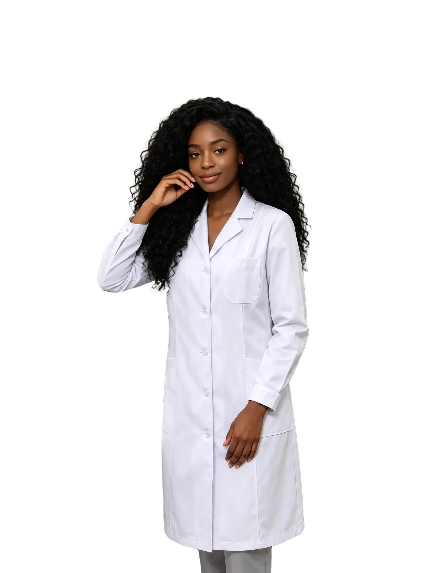 Women's Fitted Waist Long Sleeve White Lab Coat, Adjustable Back Waist Strap, Thick Stiff Fabric, Multi-Pocket Design, Work Uniform for Clinics & Laboratories
