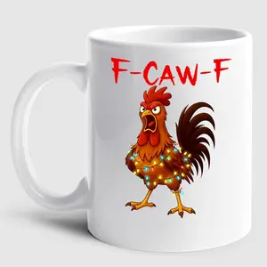 Funny "Caw-F" Rooster Coffee Mug, Sarcastic Angry Chicken Ceramic Cup, Humorous Office Gift for Coworkers and Friends, Unique 11oz White Coffee Mug