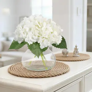 Realistic Silk Hydrangea Flowers in Glass Vase with Faux Water – Elegant Artificial Arrangement for Home Decor, Table Centerpiece, Wedding, Office – White