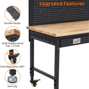 48''x24'' Adjustable Rolling Workbench, Heavy Duty Work Bench with Power Outlets, Lights, Storage Drawer, Pedboard, 30 Hooks, Wooden Tool Bench for Garage, Workshop