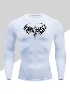 Men's Thistle Print Compression Shirt, Long Sleeve Sporty Base Layer Top for Cold Weather, Polyester & PU Fabric, Round Neck, Tight Fit, Fitness Outfits, Workout Apparel