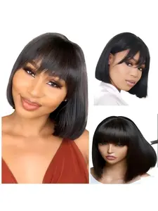 8-14Inch Straight Bob Wig with Bangs Human Hair Realistic Short Black Bob Wigs, Ready to Go Blunt Cut Bob Wig Glueless 180 Density