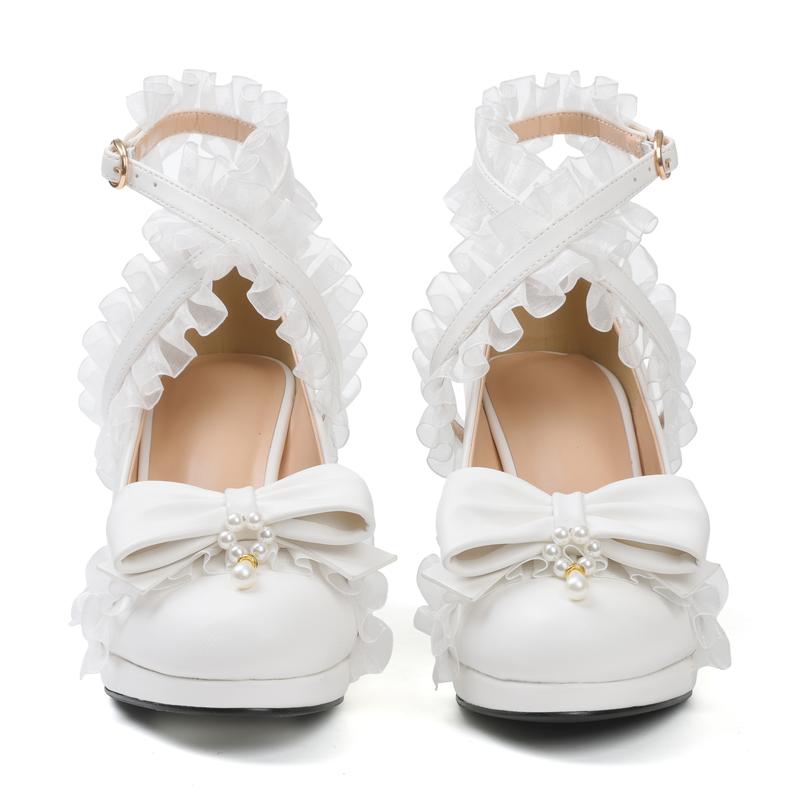 CYNLLIO Womes Chunky Block Heel Rounded Toe Cross Ruffle Ankle Strap Pearl Bow Kawaii Pumps Slip On Comfy Fashionable Wedding Party Cosplay Dating Casual Spring Mary Jane Shoes Valentine Gifts