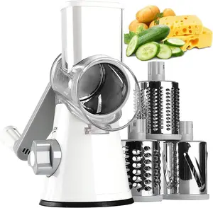 Rotary Cheese Grater, Kitchen Mandoline Vegetable Slicer with 3 Interchangeable Blades, Easy to Clean Rotary Grater Slicer for Fruit, Vegetables, Nuts