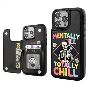 Unique skeleton Aesthetics Pattern Phone Cases Compatible For With iphone 17 16 15 14 13 12 PRO PLUS MAX Air PU Black Durable Flip High quality Leather Credit Card Bag Holder Mother Gift Wallet Shockproof Anti-Drop Full Protection Phone Cases Shell Cover