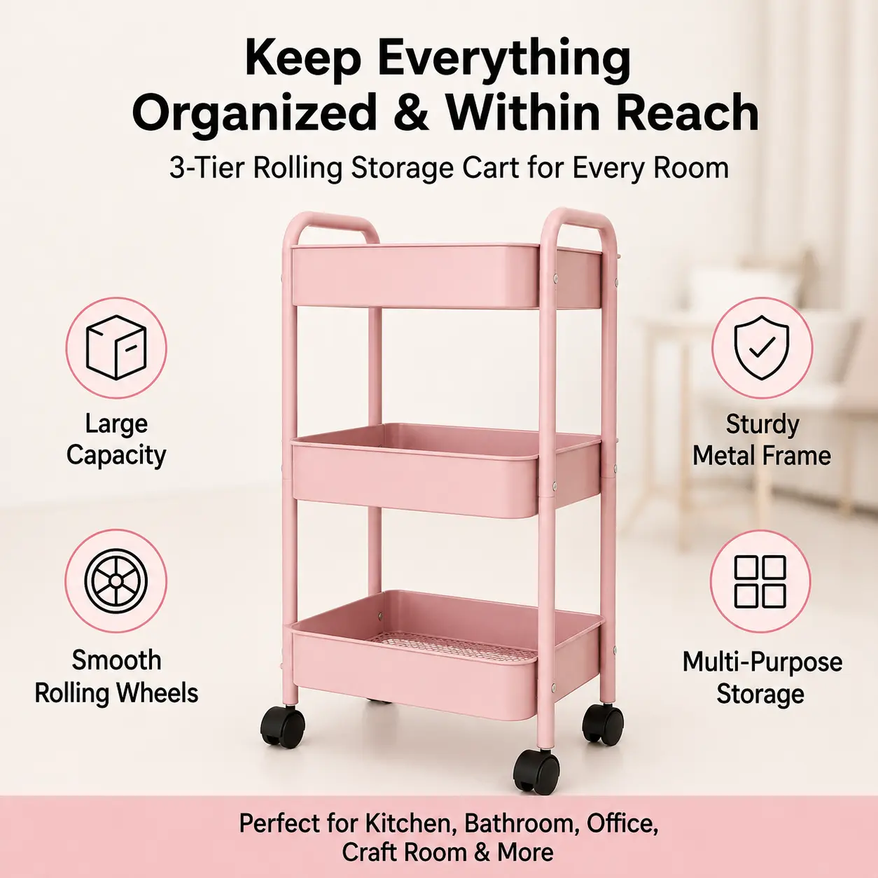 3 Tier Rolling Cart, Heavy Duty Metal Utility Cart with Wheel Pink | Sturdy Rolling Storage Cart With Hooks & Hanging Cups, Great For Craft, Art Workspace, Kitchen ,Snack And Office Storage