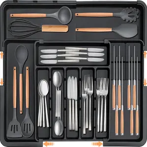 Mothers Day Gifts Silverware Organizer, Kitchen Drawer Organizer, Dual Expandable Utensil Tray with 8 Compartments, Large Cutlery Divider for Spoons & Knives, Fits 13"-22"W 14.5"-19"D, Black