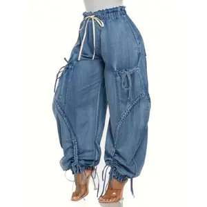 ElasticatedWaistband,DrawstringTieTieBowLooseFitStraight-legWomen'SCasualWomen'SLooseCargoPants,BarrelHighRiseWideLegDrawstringY2KLooseHarlanPantsWithPockets