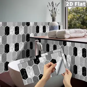 6/12/24/48PCS FG Vintage Tile Stickers, PVC Crystal Film Black White Grey Hexagon Marble Pattern Peel & Stick Waterproof Oil-Proof for Kitchen Bathroom Home Decor