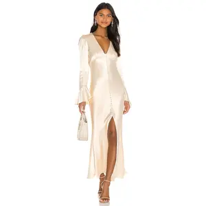 Shona Joy La Lune Frill Cuff Bias Midi Dress in Cream Shona Joy La Lune Frill Cuff Bias Midi Dress in Cream