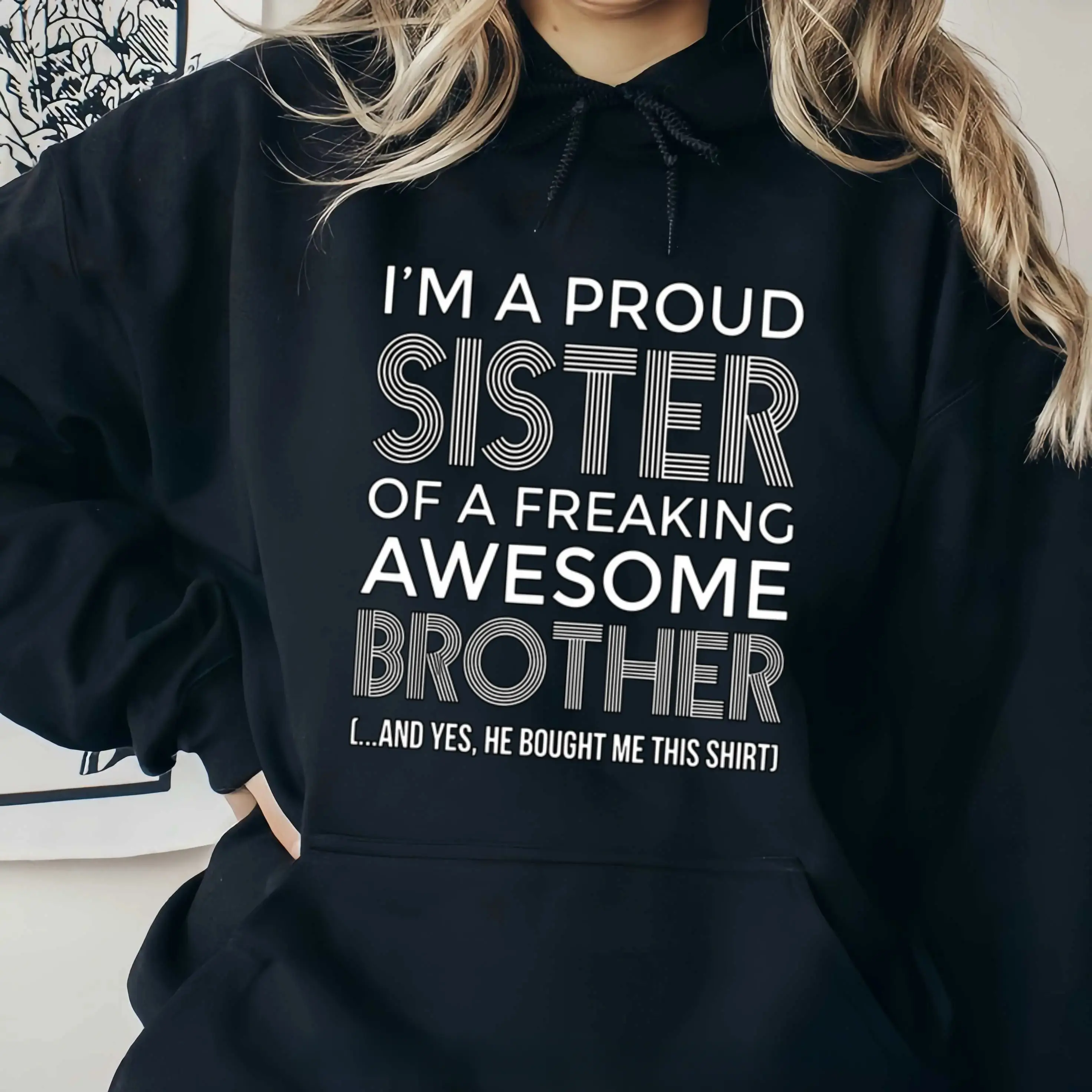 Unisex Crewneck Pullover Sweatshirt‑"Proud Sister and Awesome Brother" Funny Family‑Vibe Vintage Graphic Print, Straight‑Fit Casual Everyday Long‑Sleeve Top For Men Women