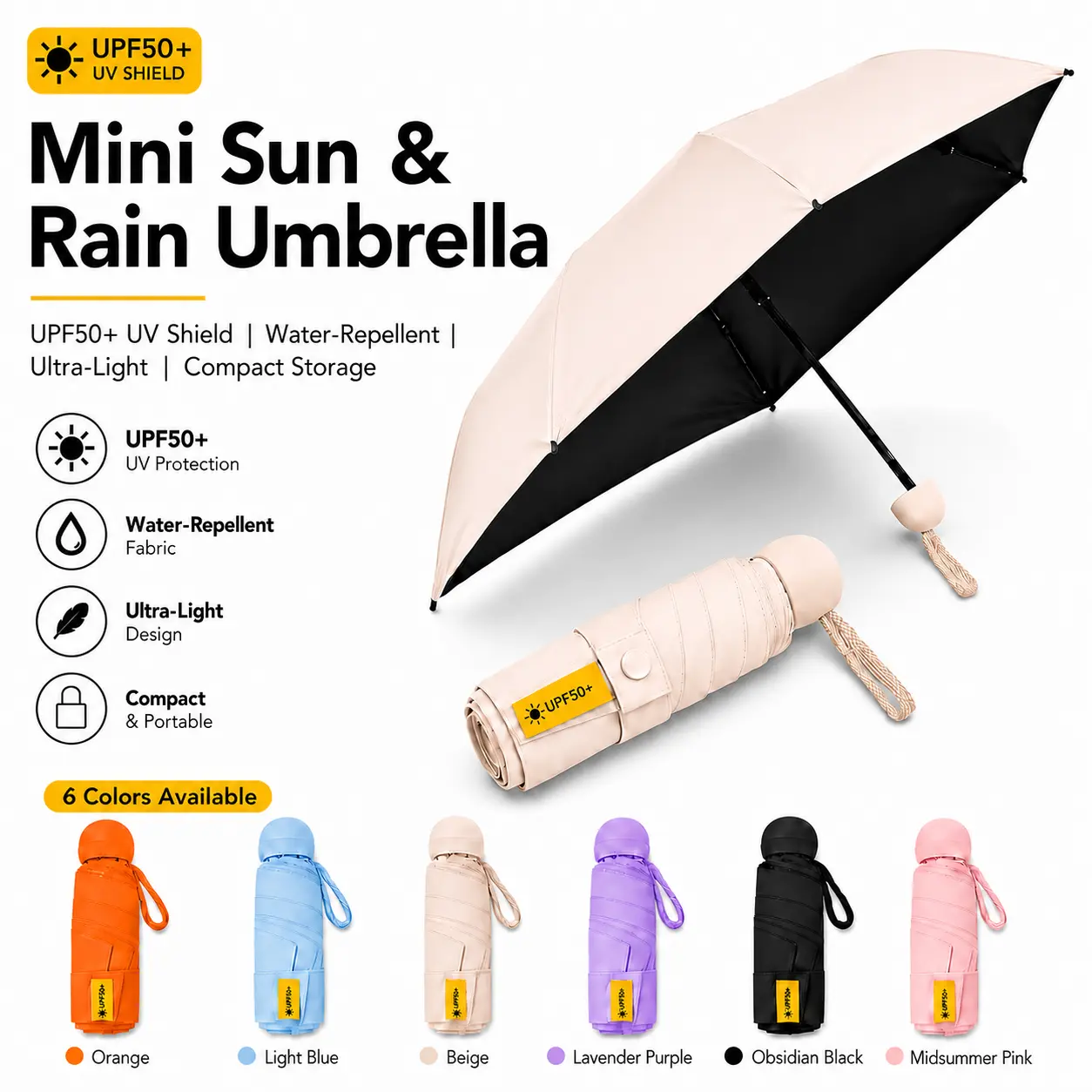 Mini Folding Umbrella in Multiple Colors, UPF50+ Sun & Rain Protection, Lightweight Compact Travel Umbrella for Purse, Bag, Car & Everyday Carry