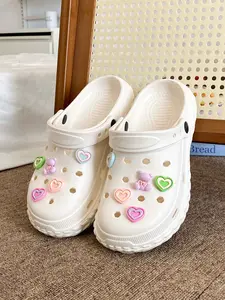 Women's Summer New Fashion Cartoon Decorated Thick Sole Holey Shoes, Breathable Comfort, Height Increase Soft Sole, Two-Way Design Beach Sandals, Summer Slide Slippers, Height Boosting Slippers
