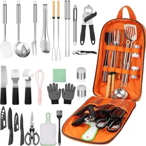 Camping Cooking Set - Camping Utensil Set Car Camping Cooking Essentials Gear  Camp Kitchen Cooking and Grilling, Stainless Steel & Silicone Ideal Gift  RV Tent Camper, Picnics, BBQs