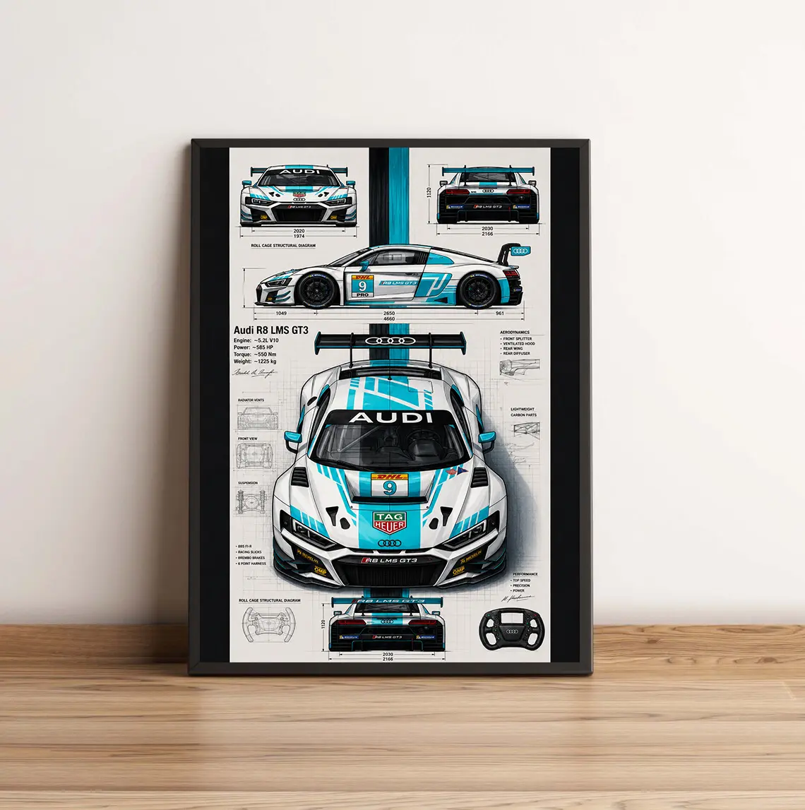 White & Cyan Track Car Blueprint Poster - Premium 220g Hybrid Paper Technical Diagram Art Print for Garage & Office (10mil, Unframed)
