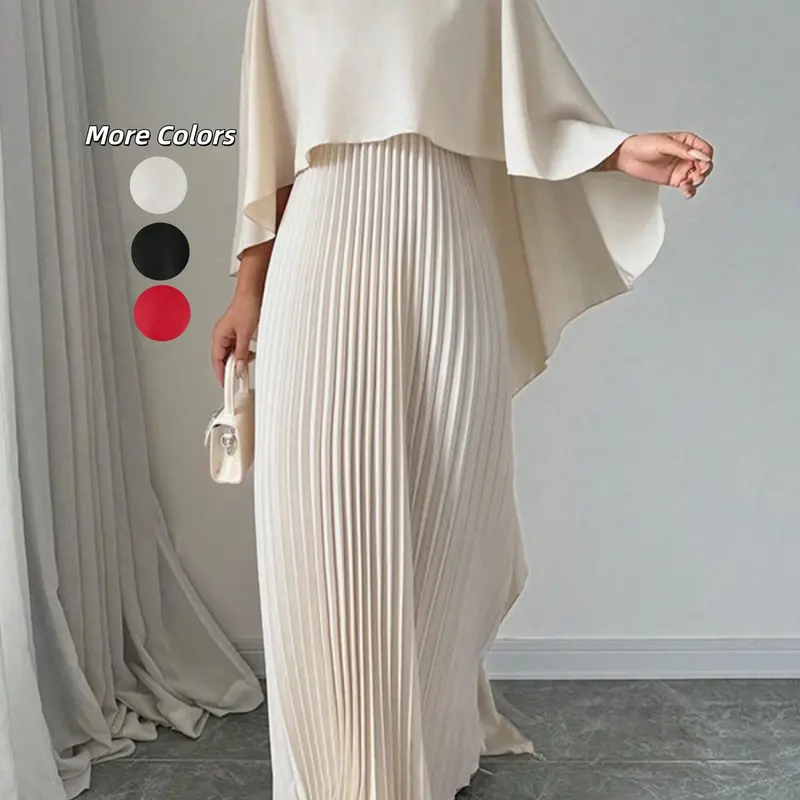 Women's Plain Pleated Cloak Sleeve Woven Maxi Dress, Elegant Chic Formal Wear Round Neck Dress for Party Holiday Wedding Guest, Ladies Spring & Fall Clothes, Valentine's Day Gift for Girl, Long Gown