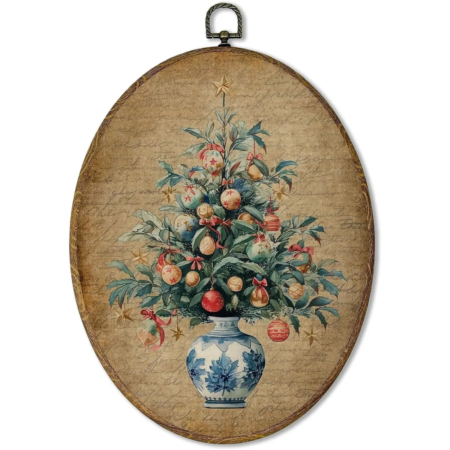 Vintage Chinoiserie Christmas Tree Oval Wall Art Decor, Grandmillennial Christmas Canvas Artwork Framed, Retro Xmas Holiday Oval Wall Art for Home Bedroom Living Room Decor 11x8.5 Inch