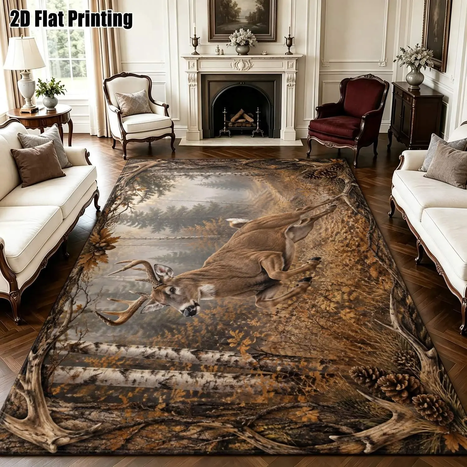 Large indoor area rug, soft velvet low pile, non-slip dotted backing, machine washable, rustic autumn deer forest pattern, great for living room, bedroom, cabin lodge home decor