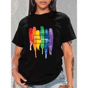 Women's Pride Casual Knit Cotton Sporty Sports Top - Short-Sleeve, Round Neck, Painted Rainbow Stripes, "Love Wins" Slogan, Relaxed Fit Women's Clothes Streetwear T-Shirt, Sporty Sports Tops
