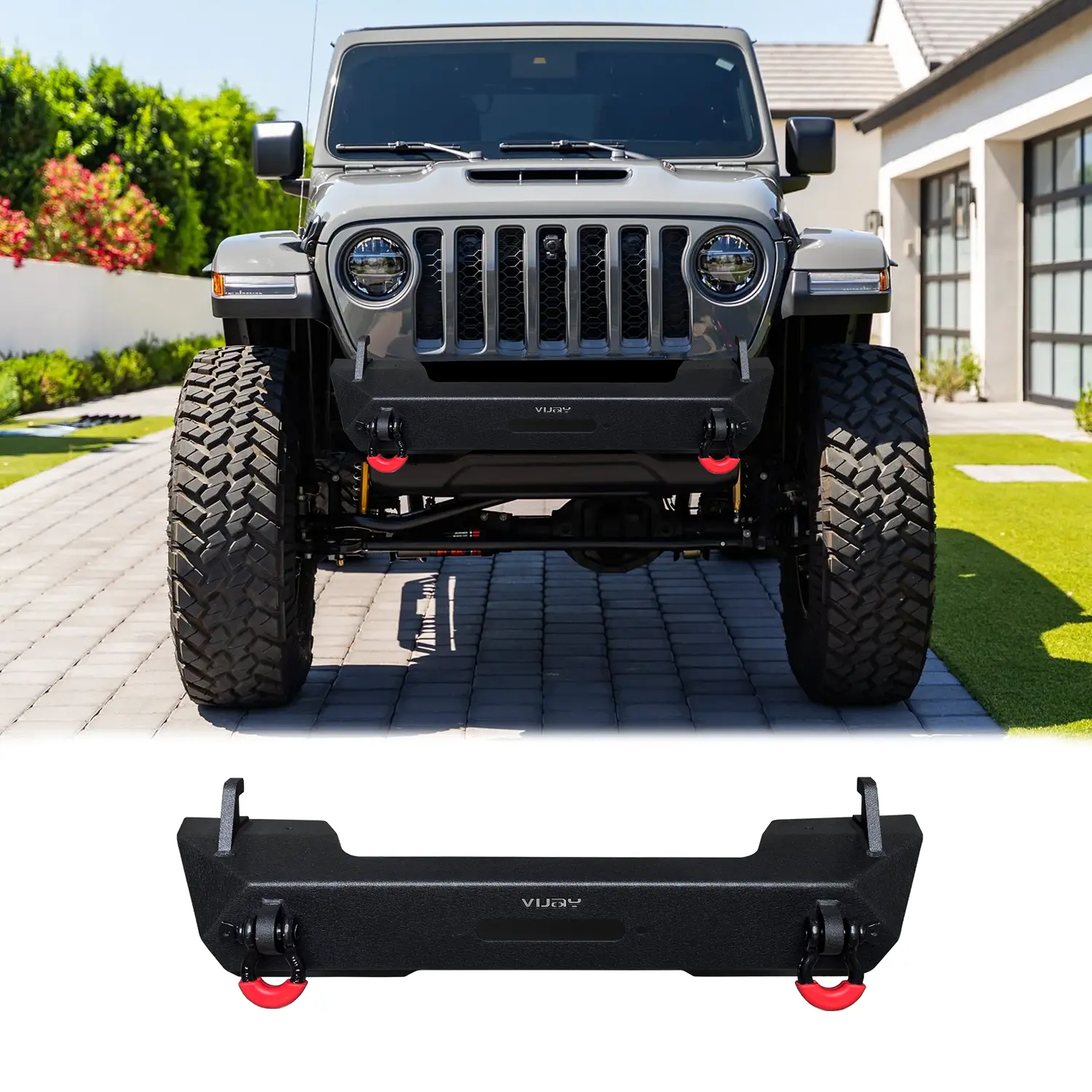Vijay Textured Black Front Bumper Vehicle Accessory for 2007-2025 Jeep Wrangler JK/JL & Gladiator JT, with Winch Plate, 2 4.75T D-Ring Set, Off-Road Compatible, Easy Screw Installation, Enhances Appearance, Improves Performance