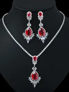 Women's Elegant Red Zircon Decorated Necklace & Dangle Earrings, Exquisite Trendy Jewelry Set, Fashionable Jewelry Set for Party Decoration