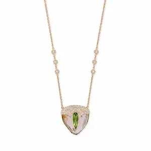 Watermelon Tourmaline Slice Pick Necklace with Teardrop Green Tourmaline