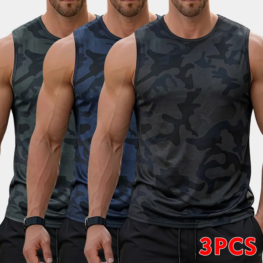 3-Pack Men's Performance Sleeveless Camo Tank Tops - Camouflage Print Quick Dry Breathable Athletic Gym Running Vests