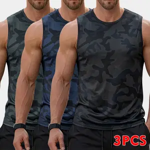 3-Pack Men's Performance Sleeveless Camo Tank Tops - Camouflage Print Quick Dry Breathable Athletic Gym Running Vests