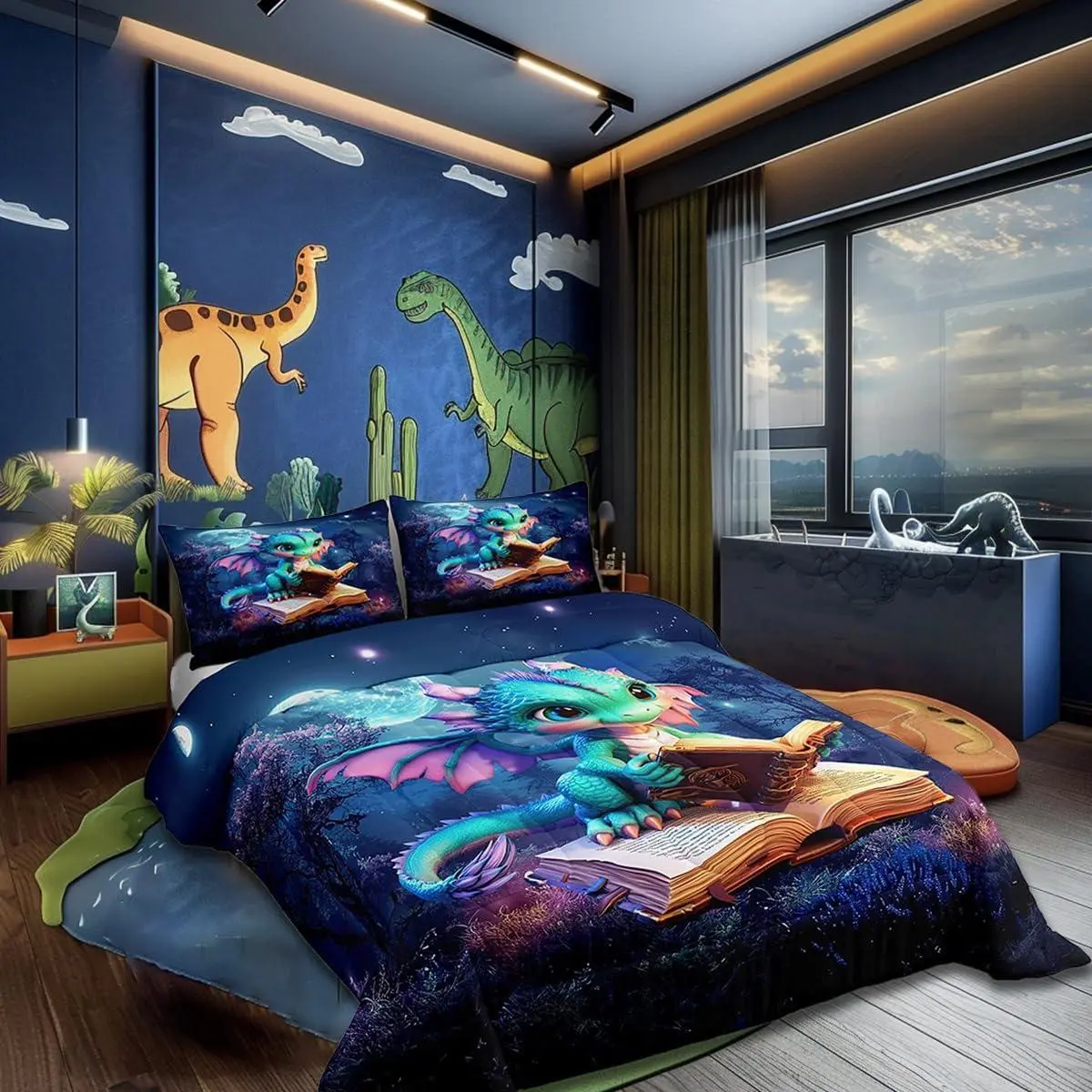 Cartoon Dragon Bedding Set,Magical Jungle Night Comforter Set,Gift Dragons Lover Son Birthday Room Decor Cute Dragon Books Print Blanket Starry Moon Sky Quilt Set