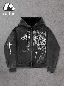 Gothic Style Dark Wings Cross Pattern Hooded Sweatshirt, Vintage American Graphic Print, Loose-Fitting Long Cotton Pullover for Streetwear