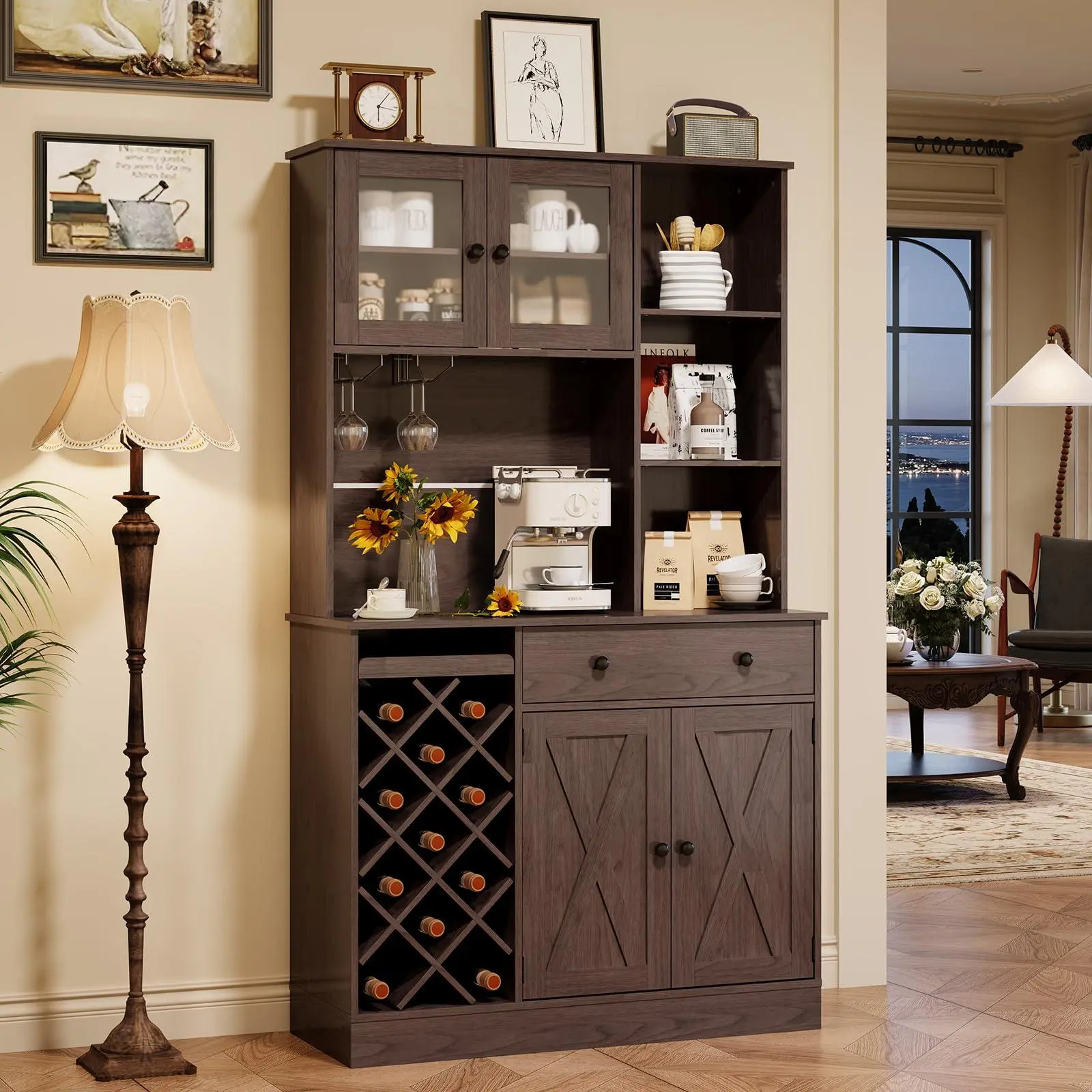 72" Tall Kitchen Pantry Cabinet with Power Outlet – Barn Doors, Wine Bottle Rack & Ample Storage – Modern Sideboard Buffet for Dining Room, Kitchen, or Home Bar