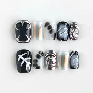 Pure Black Realm|10 PCS Short Square Handmade Press On Nails, Black and White Silver Iridescent Press On Nails, Geometric Line Wave Decoration, Futuristic Minimalist Art Style, Glossy Laser Texture Nail Set