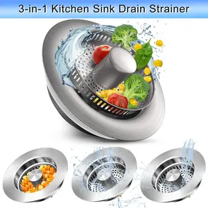 SUS304 Stainless Steel Upgraded 3 in 1 Kitchen Sink Drain Strainer,Emergency Drain Saver, Installs in 10 Sec, Blocks 100% Food Particles