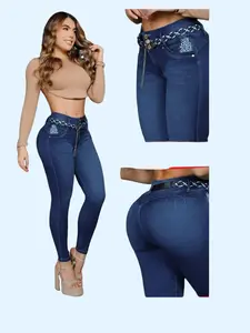 Jeans Colombiano REF: 8739 Push Up High Waist Butt Lift Skinny Fit with Belt Detail & Chain Accent for Women's Denim Fashion 54-Women's Denim Jeans - Everyday Wear Bottom