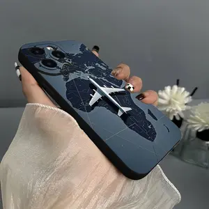 for iPhone 13 14 15 Pro Max 16 Mobile Phone Case with Airplane Flight Route Pattern Black