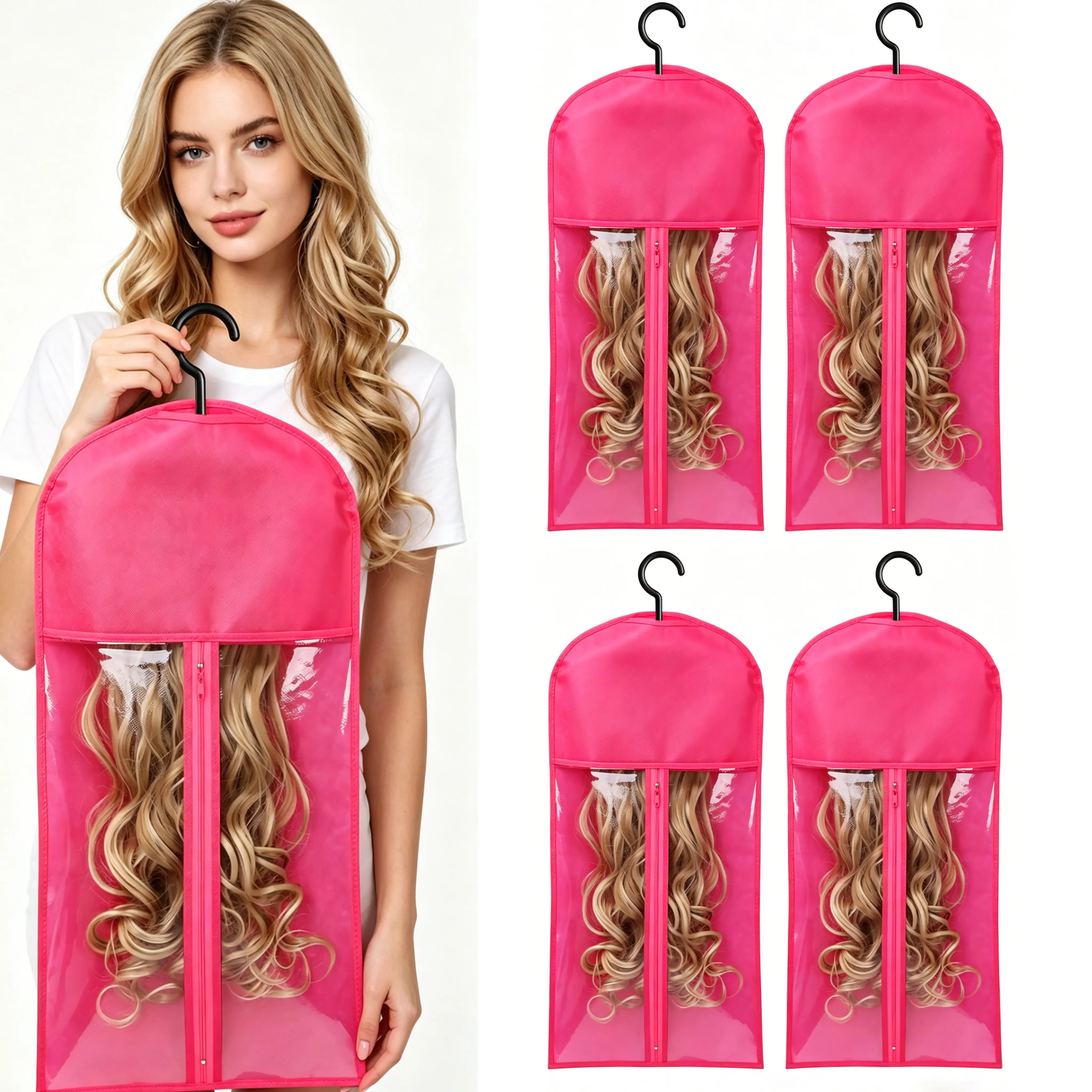 4/8Pcs rose red storage for multiple wigs hair extension storage bag with hanger & anti-slip hair extension holder premium dust-proof wig storage bag