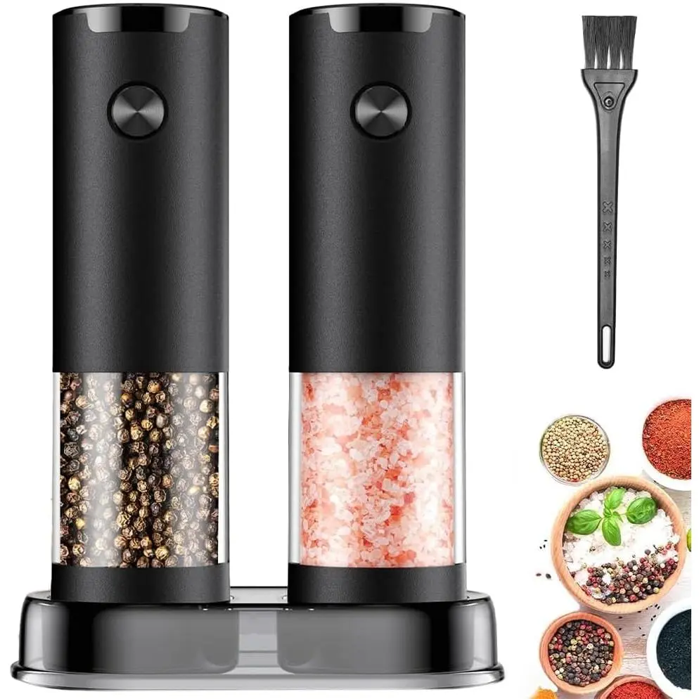 Electric Pepper and Salt  Set(2 Pack Black/Black)Adjustable Coarseness Salt & Pepper Mill,With LED Light,Easy to Clean, , Handed Operation,Kitchen Essential