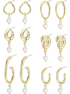 6 Pairs 14K Golen Hoop Earrings with Charms for Women Baroque Pearl Drop Dangle Stud Earrings Lightweight Irregular Statement Earrings Set