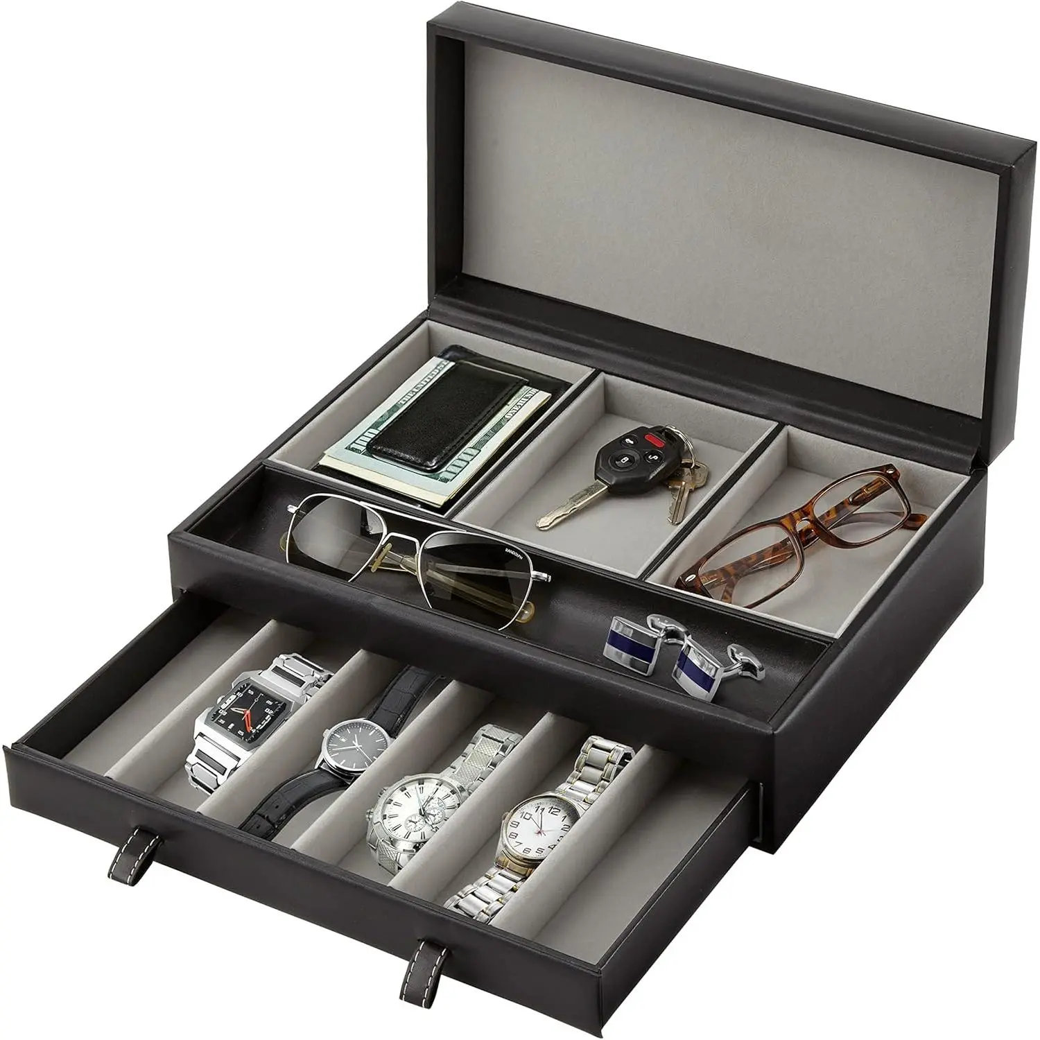 Mens Valet Tray, Men's  Box, Night Stand Organizers and Storage, Bedside Table Organizer, Watch Box for Dresser, Faux Leather (Black & Gray)