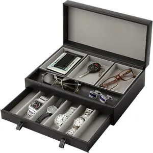 Mens Valet Tray, Men's  Box, Night Stand Organizers and Storage, Bedside Table Organizer, Watch Box for Dresser, Faux Leather (Black & Gray)