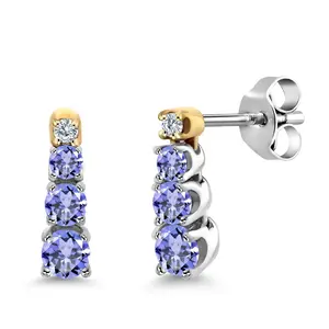 Gem Stone King 925 Sterling Silver and 10K Yellow Gold Blue Tanzanite and Created Moissanite Earrings For Women (0.54 Cttw, Gemstone Birthstone, Round 3MM, 2.5MM and 2MM)