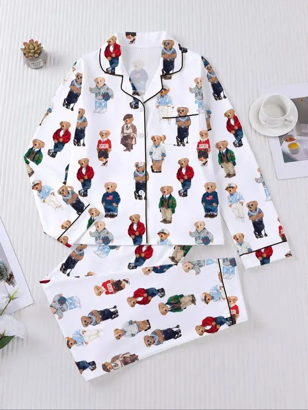 Women's Fall Winter Long Sleeve Pajama Set, Cute Bear Print, Elegant Casual, Comfortable Lapel Top & Wide Leg Pants, Holiday Party Sleepwear