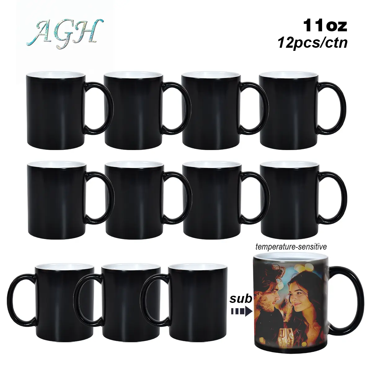 AGH US 11OZ 12pcs Sublimation Ceramic Hot Water Color Changed Coffee Mug for DIY Christmas Gift Valentine's Day Gift- Perfect for Creative Customization