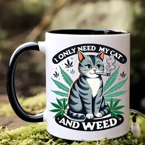 11oz Ceramic Coffee Mug with "I Only Need My Cat & Weed" Humorous Design - Dishwasher Safe & Reusable, Gray Cat & Leaf Art - Perfect Gift for Cat Lovers, Weed Enthusiasts, Friends & Family, Reusable Drinkware, Playful Illustration, Durable Drinkware
