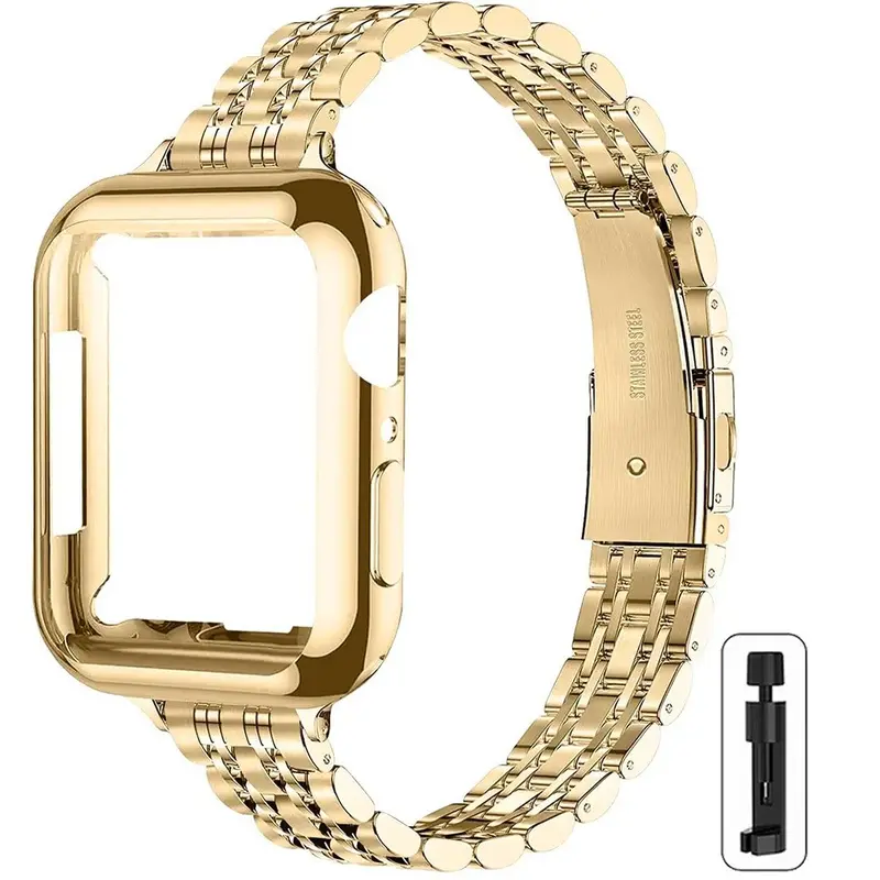 Watch Face Protector+Stainless Steel Band+1pc size adjuster Compatible with Apple Watch 41mm 40mm 38mm 45mm 44mm 42mm, for Watch Series 9/8/7/6/5/4/3/2/1/SE/SE2, Slim & Luxurious for Women, Smart Watch Straps, Smartwatch Accessories (Band Only)
